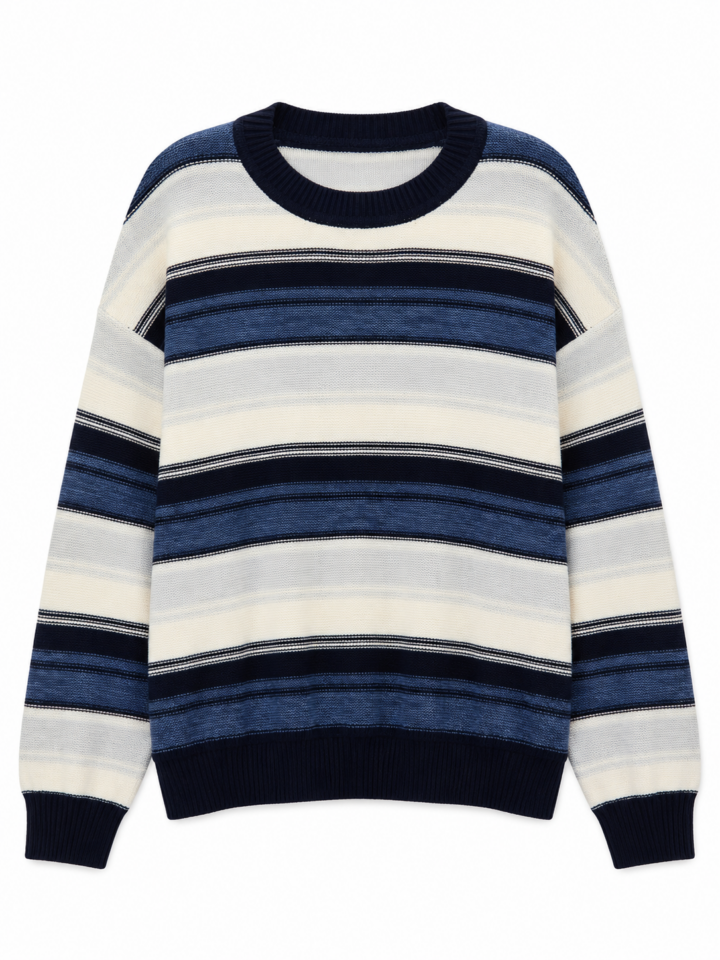 Navy & Blue Multi-Stripe Oversized Crewneck Sweater with Dropped Shoulders