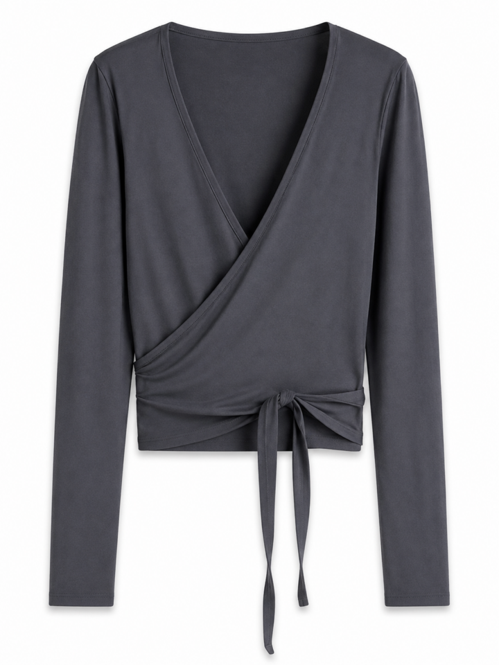 Dark Grey Cropped Wrap Top with Deep V-Neck and Side Tie