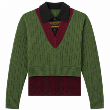 Olive Green Cable Knit Sweater with Black Collar