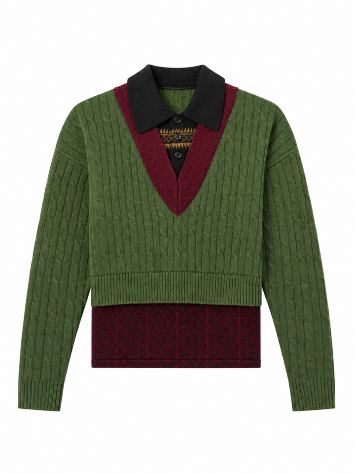 Olive Green Cable Knit Sweater with Black Collar