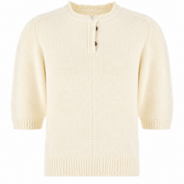 Cream Short-Sleeve Henley Knit Sweater