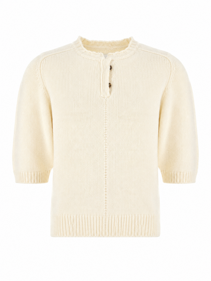 Cream Short-Sleeve Henley Knit Sweater