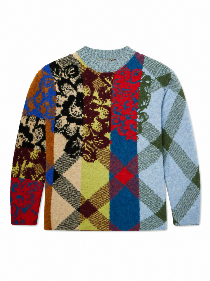 Multicolored Patchwork Argyle and Floral Crewneck Sweater