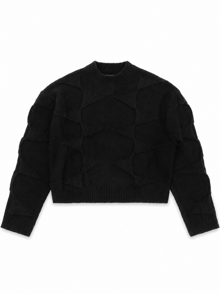 Black Cropped Diamond Cable-Knit Sweater