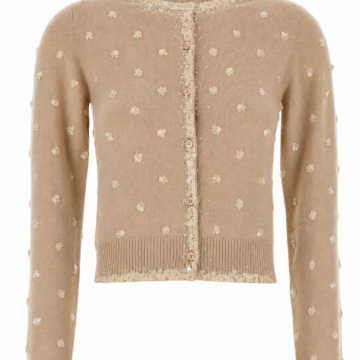 Beige Button-Front Cardigan with White Floral Tufts