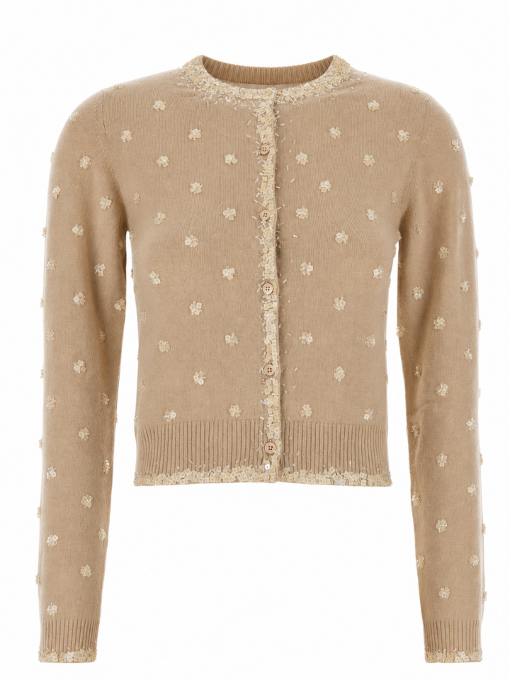 Beige Button-Front Cardigan with White Floral Tufts