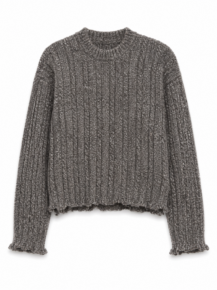 Heathered Grey Cropped Knit Sweater with Drop Shoulders