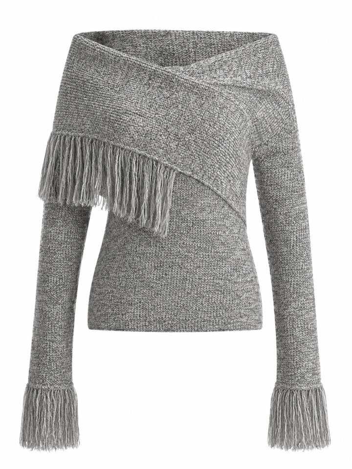 Heather Grey Knit Fringe Wrap Sweater