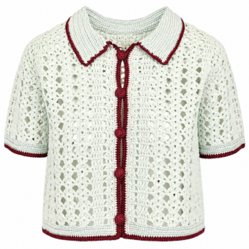 Cream Crochet Cardigan with Red Trim