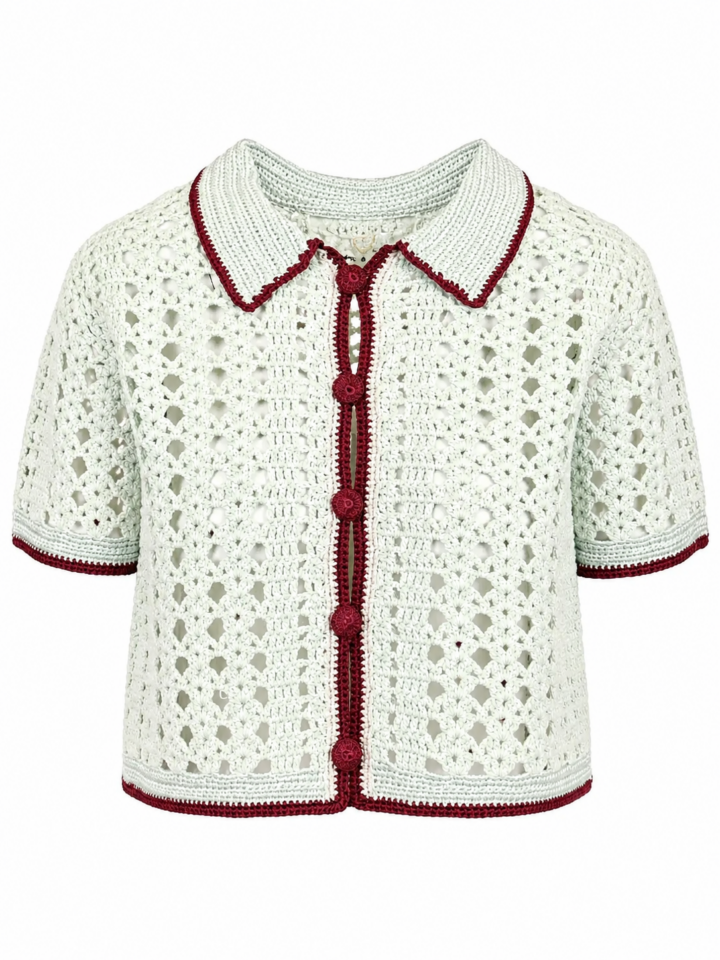 Cream Crochet Cardigan with Red Trim