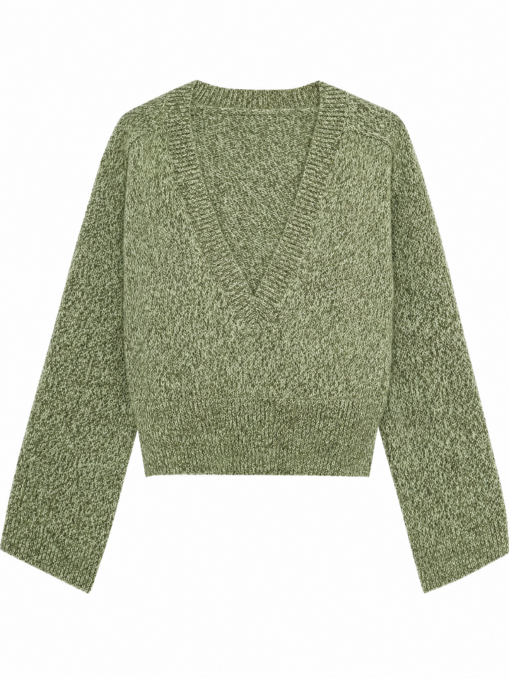 Green Marled Cropped Sweater with Chevron Pattern