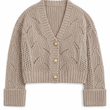 Beige Cropped Pointelle Knit Cardigan with V-Neck and Gold Buttons