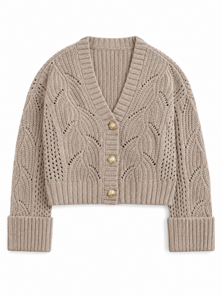 Beige Cropped Pointelle Knit Cardigan with V-Neck and Gold Buttons