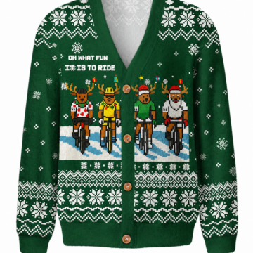 Green V-Neck Cardigan with Reindeer Cyclists Pattern