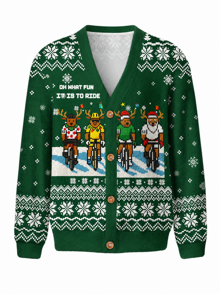 Green V-Neck Cardigan with Reindeer Cyclists Pattern