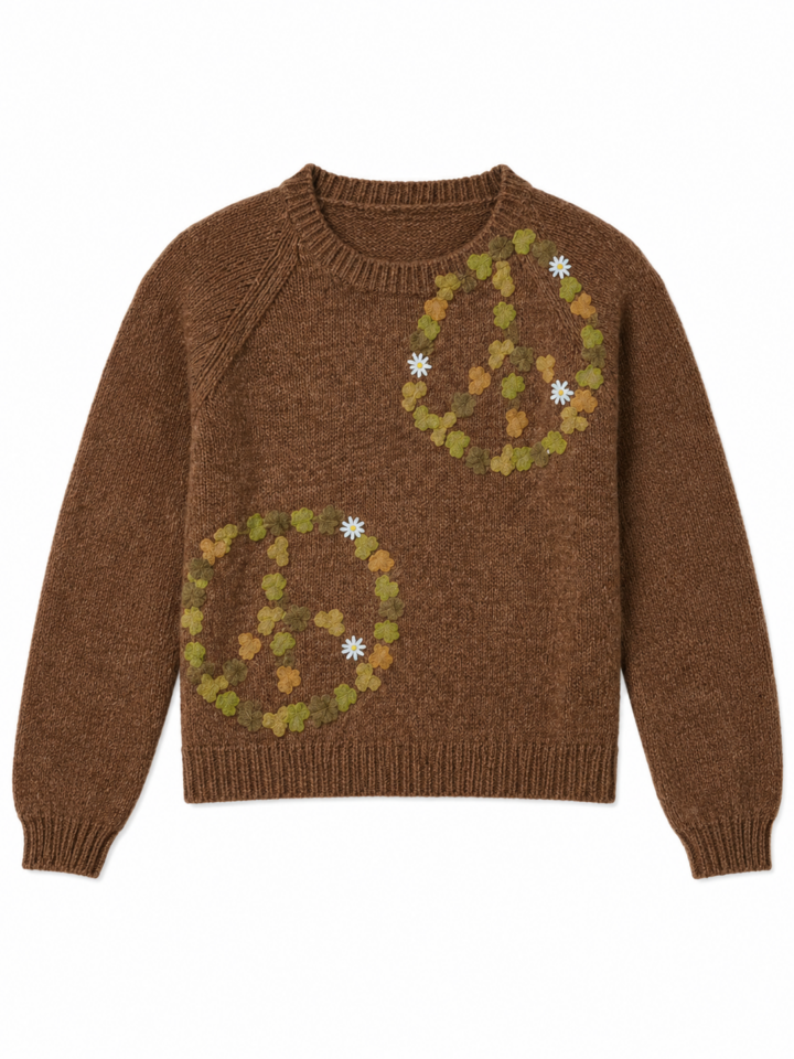 Brown Relaxed Fit Knit Sweater with Floral Appliqués