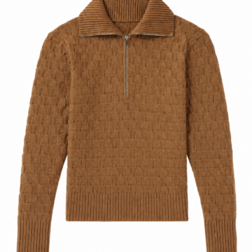 Brown Quarter-Zip Pullover Sweater with Basketweave Pattern