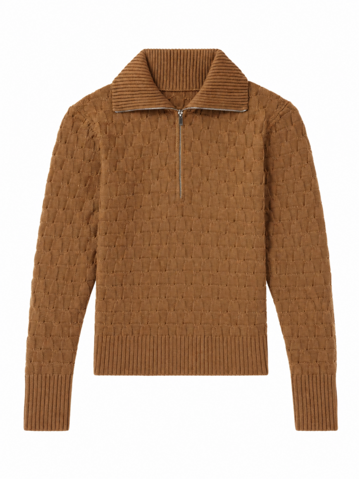 Brown Quarter-Zip Pullover Sweater with Basketweave Pattern