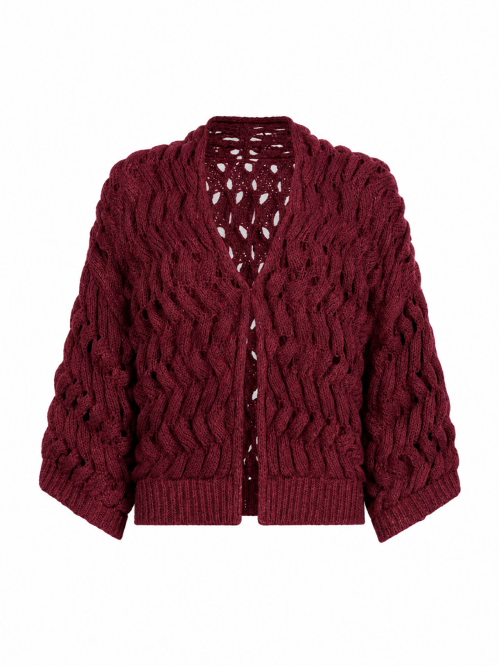 Burgundy Cropped Cable Knit Cardigan