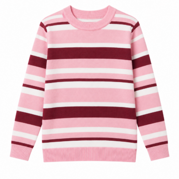 Pink and White Striped Crewneck Sweater with Burgundy Bands
