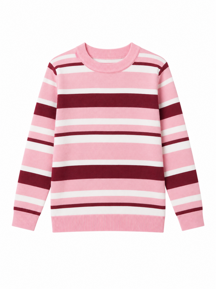 Pink and White Striped Crewneck Sweater with Burgundy Bands