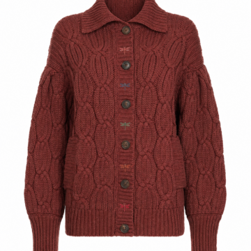 Dark Red Cable Knit Cardigan with Collar and Button Front