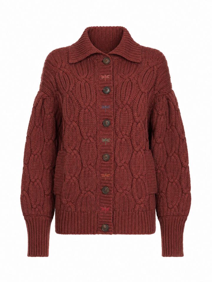 Dark Red Cable Knit Cardigan with Collar and Button Front