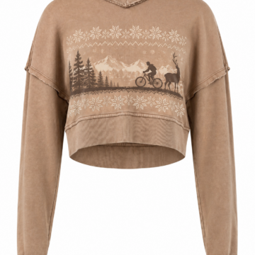 Washed Camel Cropped Sweatshirt with Nature Graphic