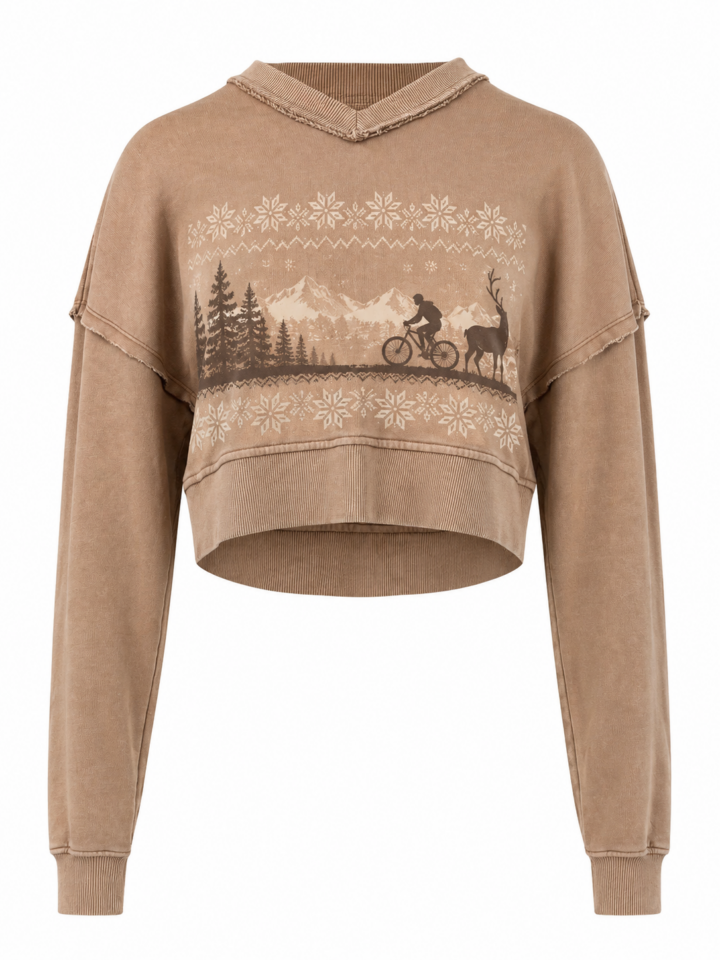 Washed Camel Cropped Sweatshirt with Nature Graphic
