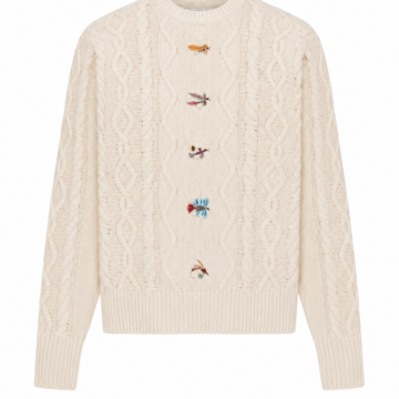 Cream Diamond Cable Knit Sweater with Insect Embroidery