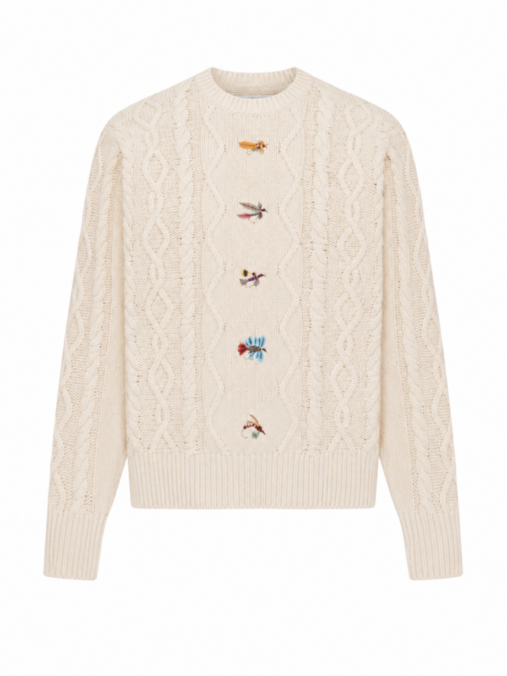 Cream Diamond Cable Knit Sweater with Insect Embroidery