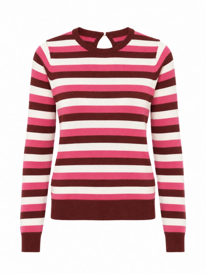Pink White Brown Striped Long-Sleeve Knit Sweater