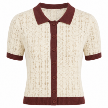 Cream Pointelle Knit Polo Shirt with Contrast Trim