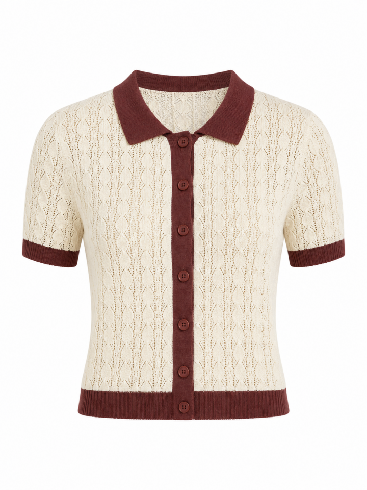 Cream Pointelle Knit Polo Shirt with Contrast Trim
