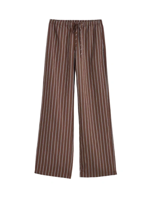 Brown Pinstripe Wide-Leg Pants with Drawstring Waist
