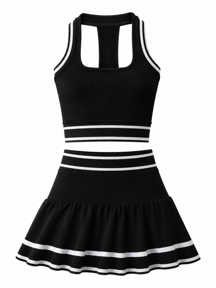 Black Ribbed Knit Crop Top and Skirt Set