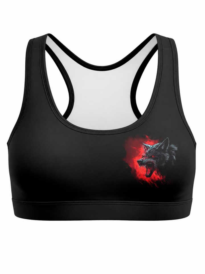 Black Racerback Sports Bra with Wolf Graphic