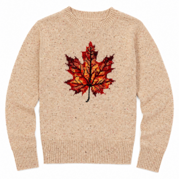 Beige Relaxed Fit Crewneck Sweater with Autumn Maple Leaf