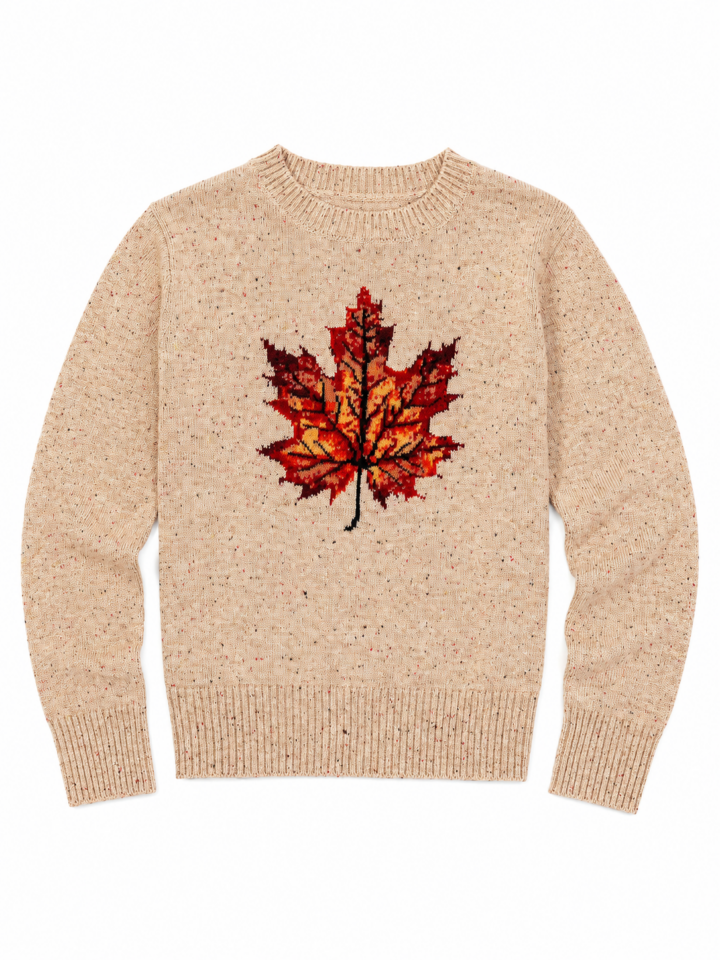 Beige Relaxed Fit Crewneck Sweater with Autumn Maple Leaf