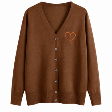 Brown V-Neck Cardigan with Heart Motif