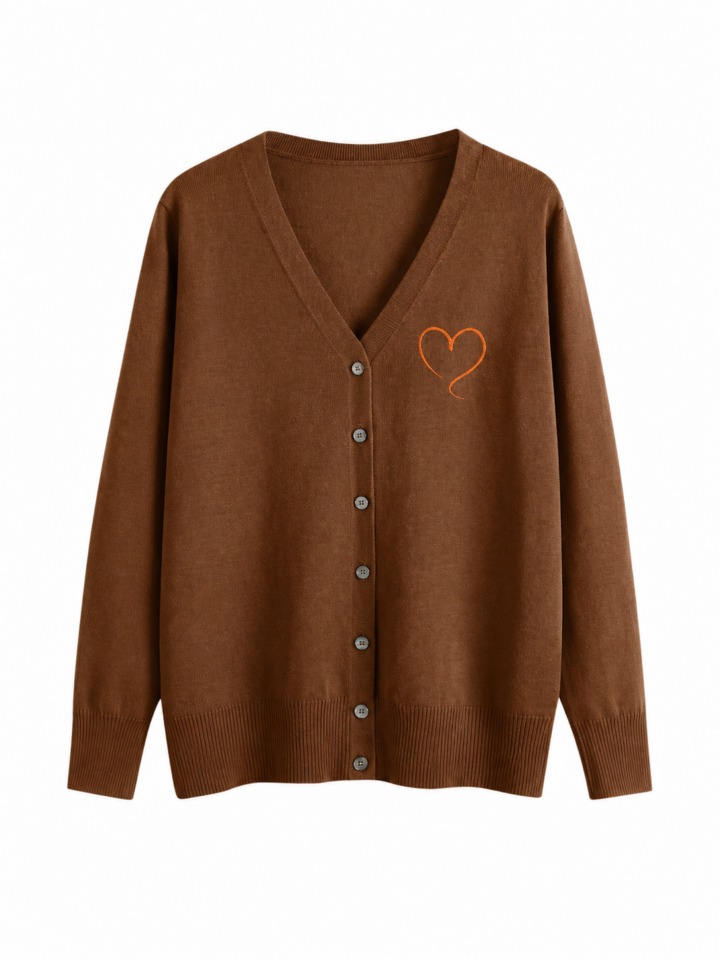 Brown V-Neck Cardigan with Heart Motif
