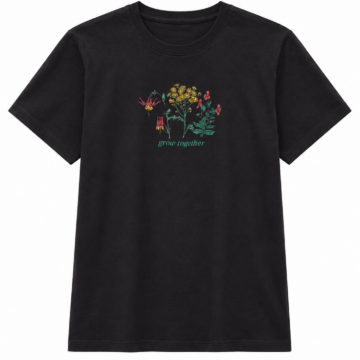 Black Graphic T-Shirt with Wildflower Print and Cursive Text