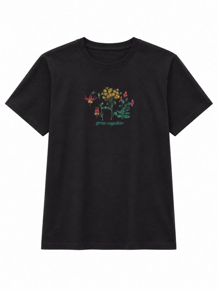 Black Graphic T-Shirt with Wildflower Print and Cursive Text