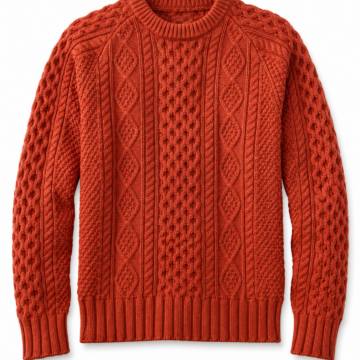 Rust Orange Textured Crewneck Sweater with Cable and Diamond Patterns