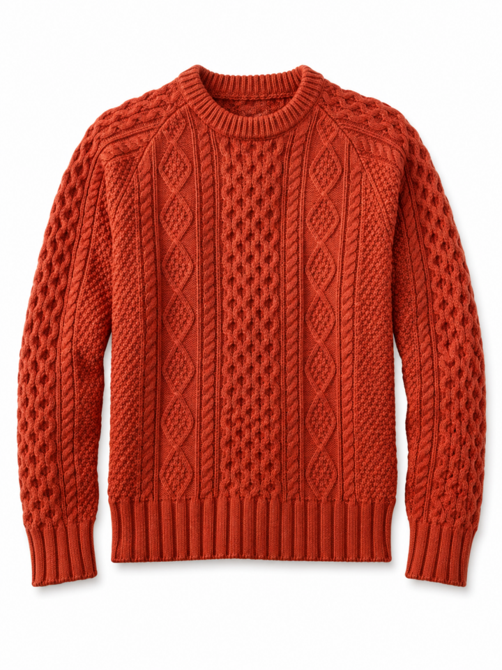 Rust Orange Textured Crewneck Sweater with Cable and Diamond Patterns