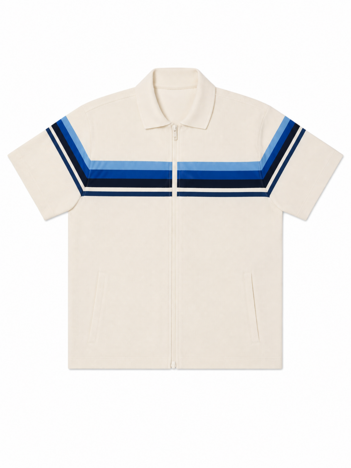 Off-White Relaxed Fit Zip Polo Shirt with Multicolor Chevron Stripes