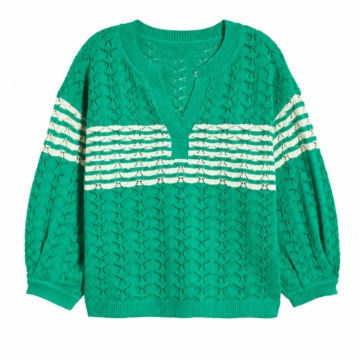 Green Knitted Sweater with Cream Stripes