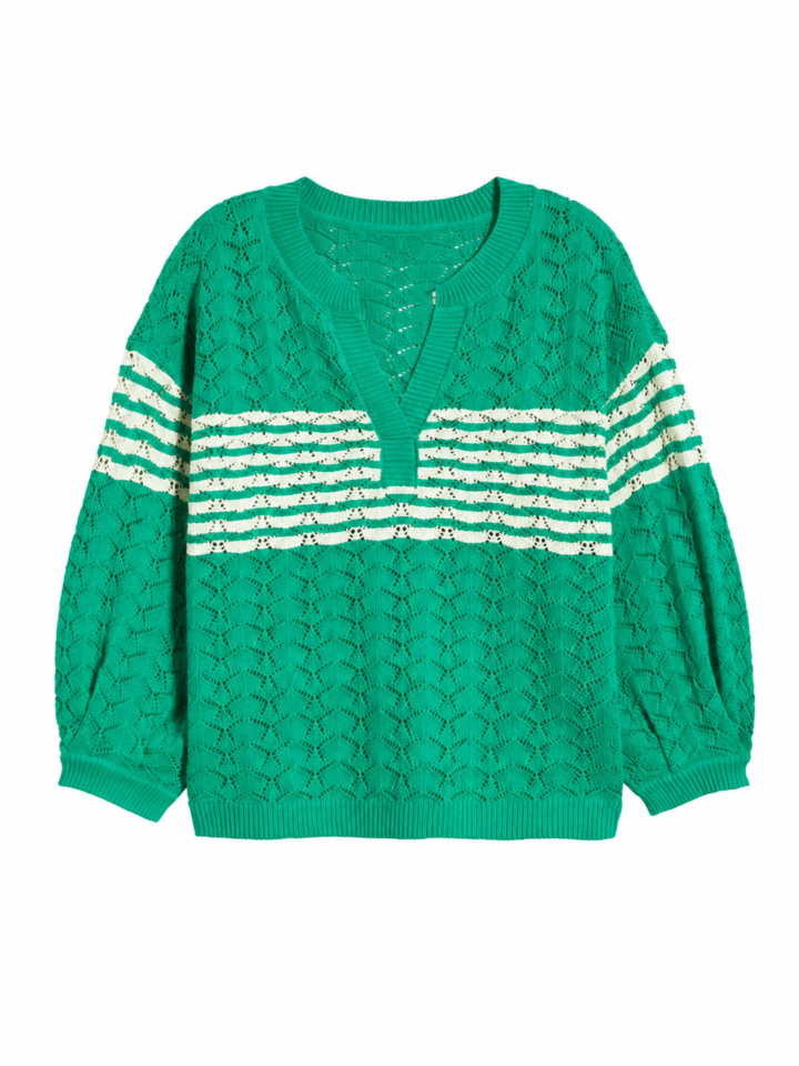 Green Knitted Sweater with Cream Stripes