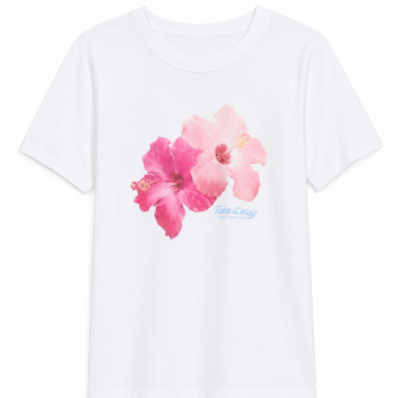 White Relaxed Fit T-Shirt with Hibiscus Graphic