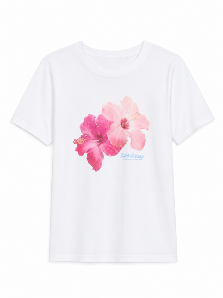White Relaxed Fit T-Shirt with Hibiscus Graphic